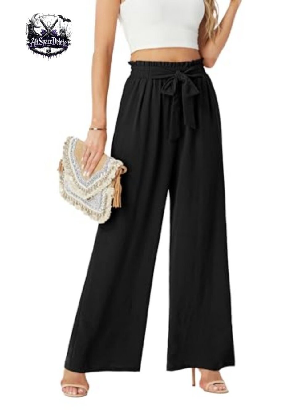 Wide Leg Pants High Waist Flowy Adjustable Knot Trousers w/ Pockets